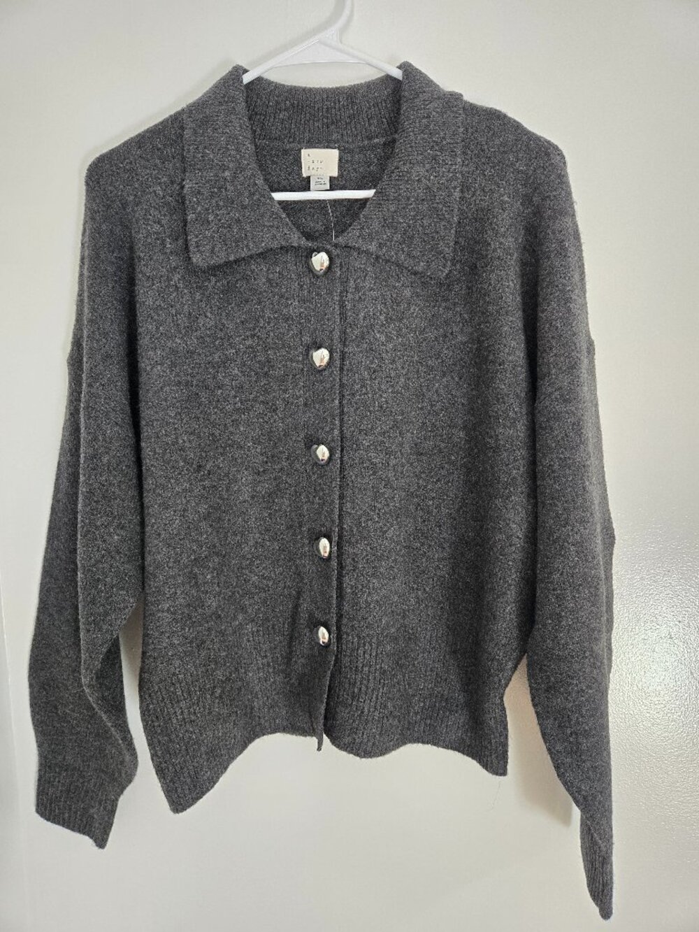A New Day Women's Charcoal Gray Collared Cardigan Silver Heart Buttons XL NWT